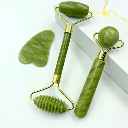 Massage Therapy Natural Jade Stone Face Massager for Geisha Picture show 3 tools (1 handle roller one side 1 handle roller two sides, 1 Heart Shape stone) offers all green colour stone