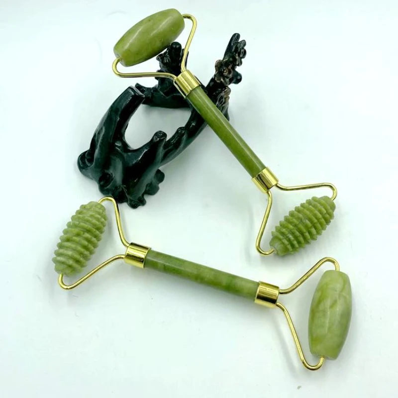 Massage Therapy Natural Jade Stone Face Massager for Geisha Picture show 2 tools 2 handle rollers two sides rollers offers all green colour stone