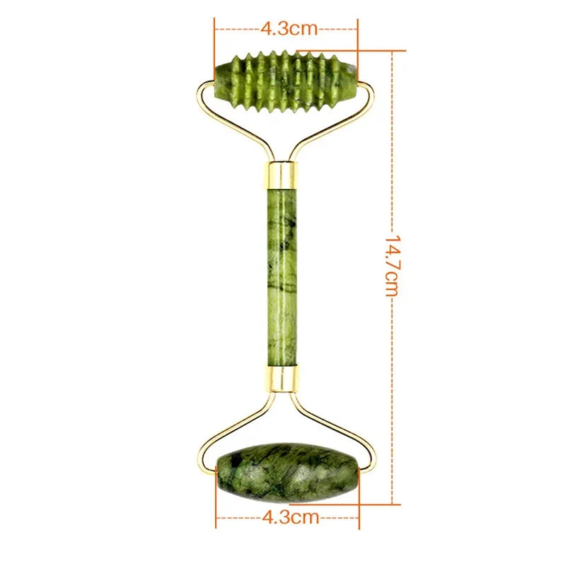 Massage Therapy Natural Jade Stone Face Roller Massager Geisha Picture of 1 face Roller two sides rollers green colour (handle in jade) 3 Green colour stones With sizes shown