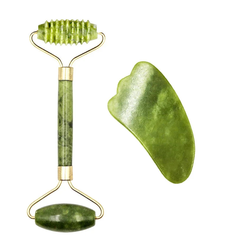 Massage Therapy Natural Jade Stone Face Roller Massager Geisha Picture of 1 face Roller two sides rollers green colour (handle in jade) and 1 Curve shape stone 4 Green colour stones offers