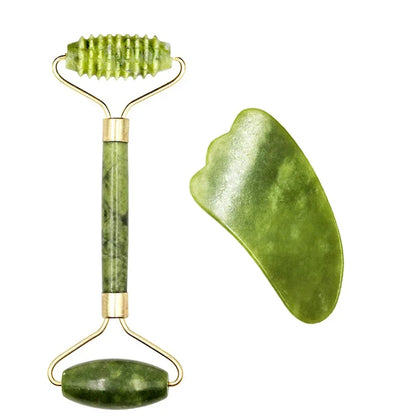 Massage Therapy Natural Jade Stone Face Roller Massager Geisha Picture of 1 face Roller two sides rollers green colour (handle in jade) and 1 Curve shape stone 4 Green colour stones offers