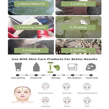 Massage Therapy Natural Jade Stone Face Roller Massager Geisha Picture of 1 face Roller two sides rollers and 1 heart shape stone 3 Green colour stone Process of the stone material: Cutting, painting mode, Shaping, polished, buffing