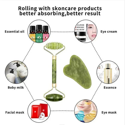 Massage Therapy Natural Jade Stone Face Roller Massager Geisha Picture of 1 face Roller two sides rollers and 1 heart shape stone 3 Green colour stone Rolling with skin care products for best result