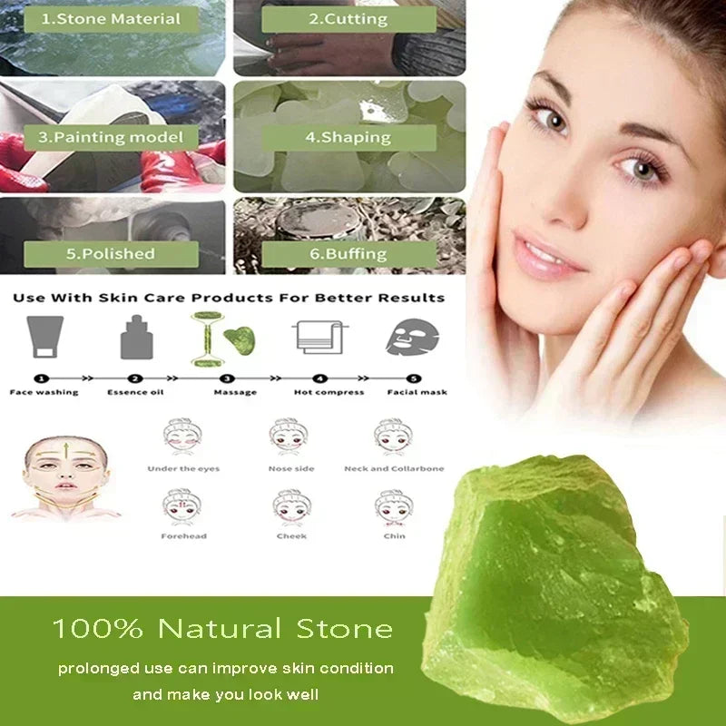 Massage Therapy Natural Jade Stone Face Roller Massager Geisha Picture of 1 face Roller two sides rollers and 1 heart shape stone 3 Green colour stone. Stones Process Get, Cutting, painting model, Shaping, Polished, Buffing