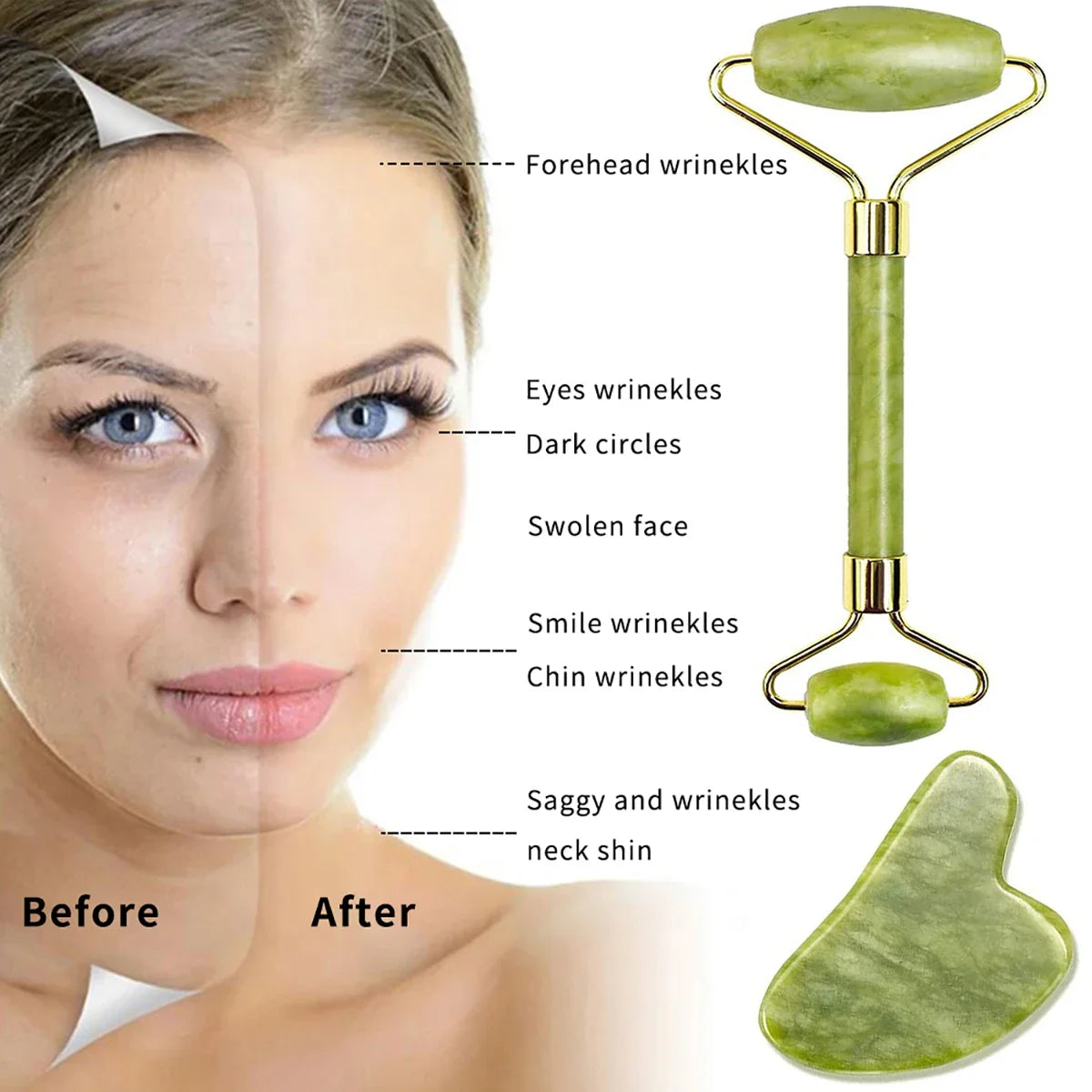 Massage Therapy Natural Jade Stone Face Roller Massager Geisha Picture of 1 face Roller two sides rollers and 1 heart shape stone 3 Green colour stone with a lovely face lady Before and after use