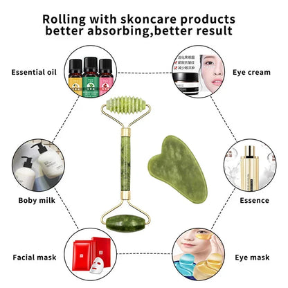 Massage Therapy Natural Jade Stone Face Roller Massager Geisha Picture of 1 face Roller two sides rollers and 1 heart shape stone 3 Green colour stone Rolling with skin care products for best result