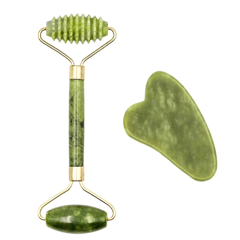 Massage Therapy Natural Jade Stone Face Roller Massager Geisha Picture of 1 face Roller two sides rollers green colour (handle in jade) and 1 Hearth shape stone 4 Green colour stones offers