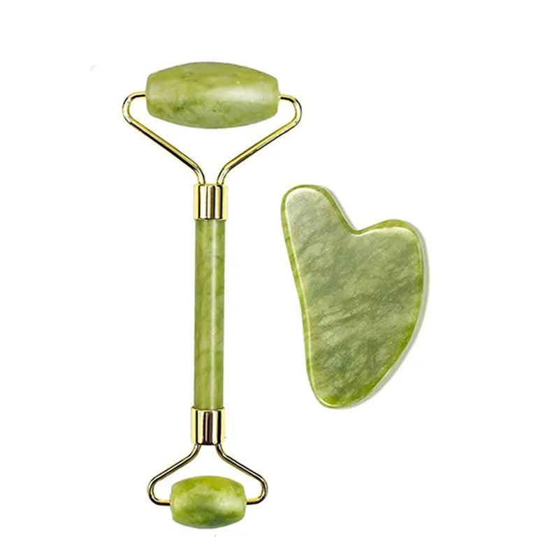 Massage Therapy Natural Jade Stone Face Roller Massager Geisha Picture of 1 face Roller two sides rollers green colour (handle in jade) and 1 hearth shape stone 4 Green colour stones 