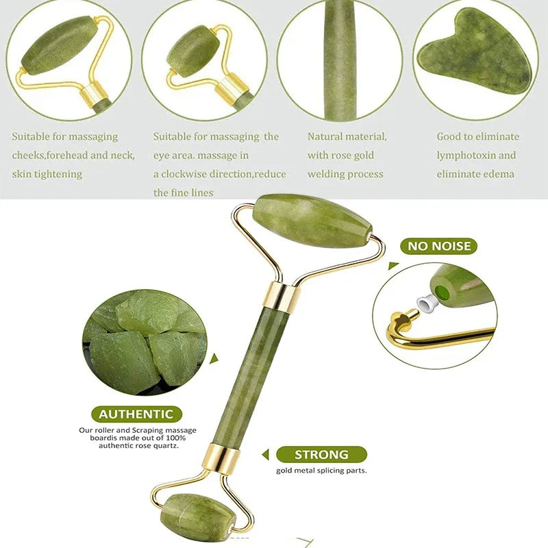 Massage Therapy Natural Jade Stone Face Roller Massager Geisha Picture of 1 face Roller two sides rollers green colour stone with parameters Authentic quartz Stone Strong too no noise when use