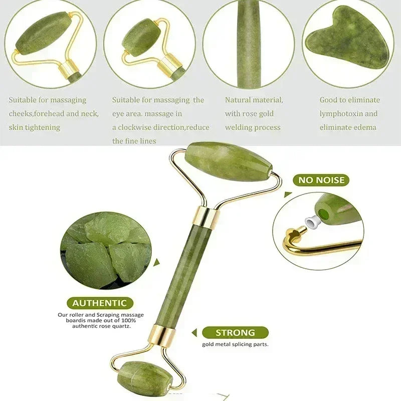Massage Therapy Natural Jade Stone Face Roller Massager Geisha Picture of 1 face Roller two sides rollers green colour stone with parameters Authentic quartz Stone Strong too, no noise when use