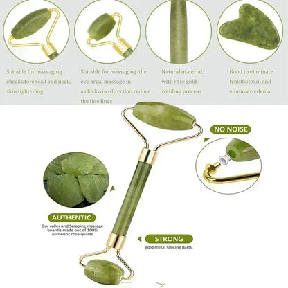 Massage Therapy Natural Jade Stone Face Roller Massager Geisha Picture of 1 face Roller two sides rollers green colour stone with parameters Authentic quartz Stone Strong too, no noise when use
