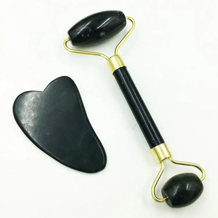 Massage Therapy Natural Jade Stone Face Roller Massager Geisha Picture of 1 face Roller two sides rollers (handle in jade) and 1 heart shape stone 4 Black colour stones 