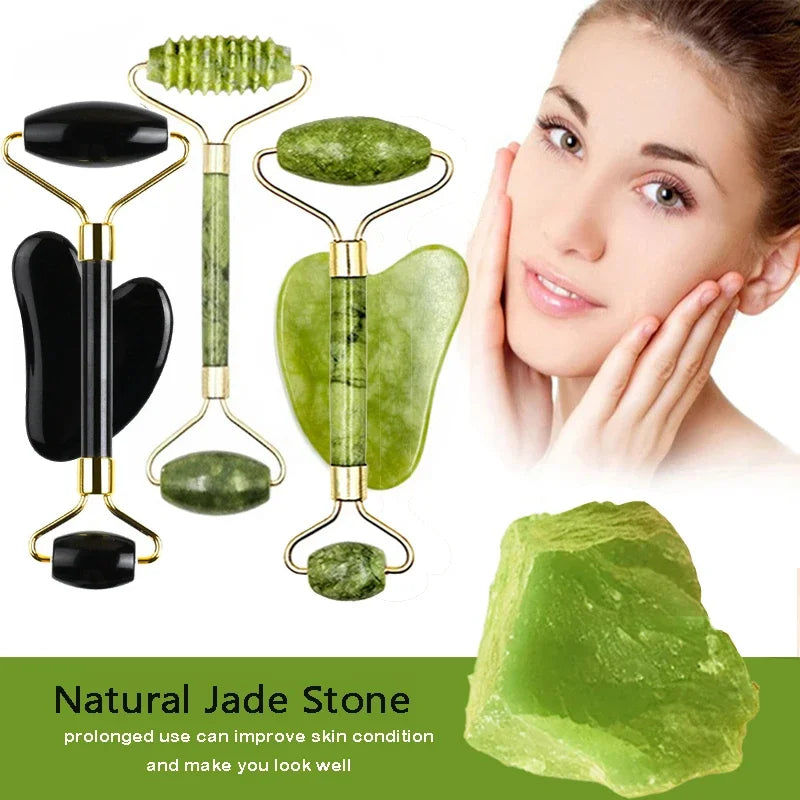 Massage Therapy Natural Jade Stone Face Roller Massager Geisha Picture of 3 face Rollers two sides rollers and 2 heart shape stone 5 green colour stones and 3 black colour stone with a lovely lady that have her both hand on her face