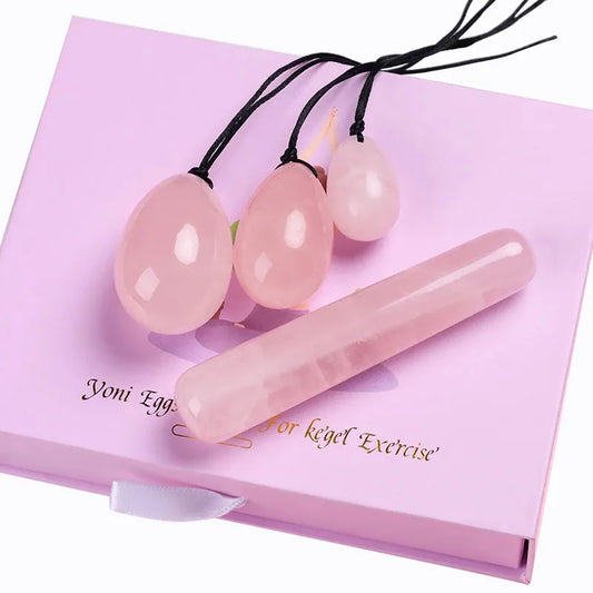 Massage therapy Natural Rose Quartz Egg Geisha set offers 3 neckless and 1 stick rose quartz with a box