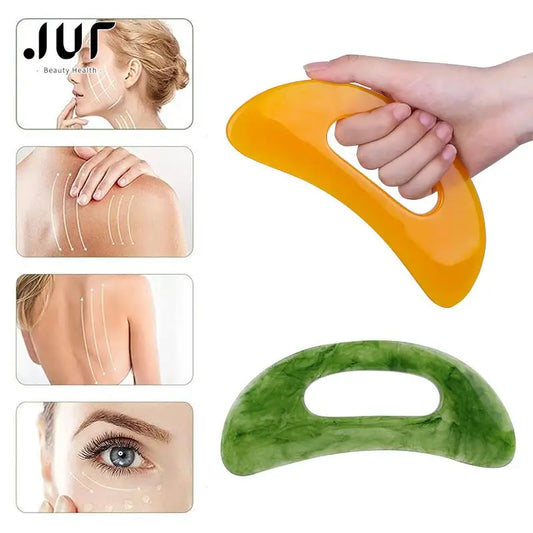 Massage Therapy Natural Stone Massagers Tools for body, neck, head and back Picture of 1 orange and 1 green colour massager tools and 4 body areas to use