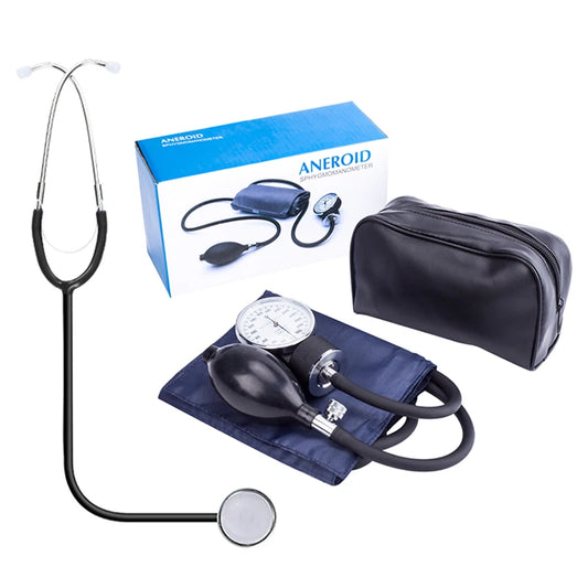 Medical supplies & Equipment Stethoscope Manual Blood Pressure Monitor Sphygmomanometer Picture of the product with the box and leather storage bag 