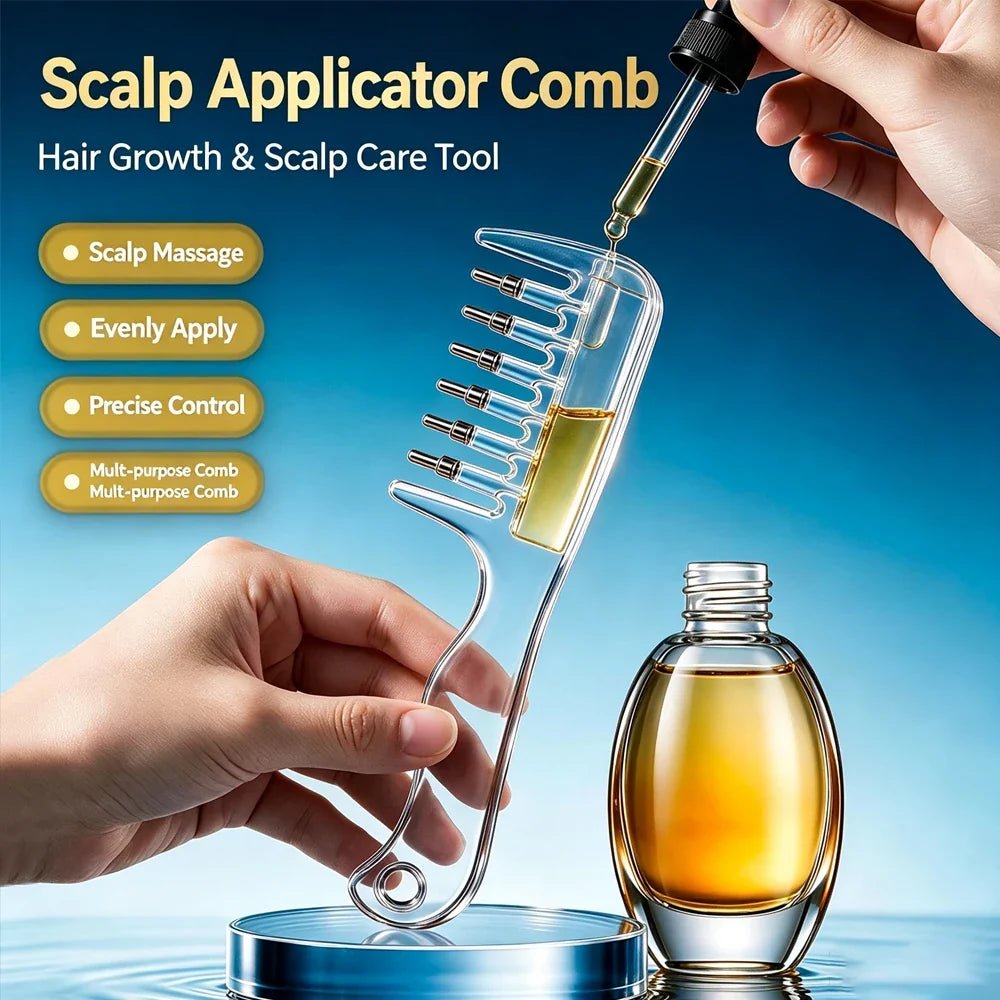 Personal Health Care Hair Oil Applicator Comb with Scalp Massager – Built-In Liquid Reservoir & Rolling Metal Teeth