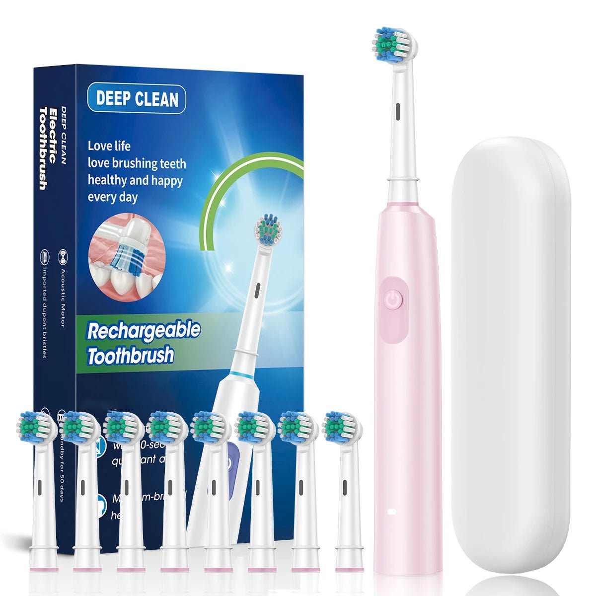 Personal Health Care - Oral Care Electric Toothbrush Rotary Brush - Waterproof - Rechargeable - 8 Heads Pink Colour + Case