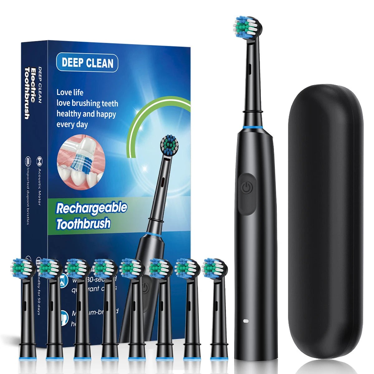 Personal Health Care - Oral Care Electric Toothbrush Rotary Brush - Waterproof - Rechargeable - 8 Heads Black Colour + Case