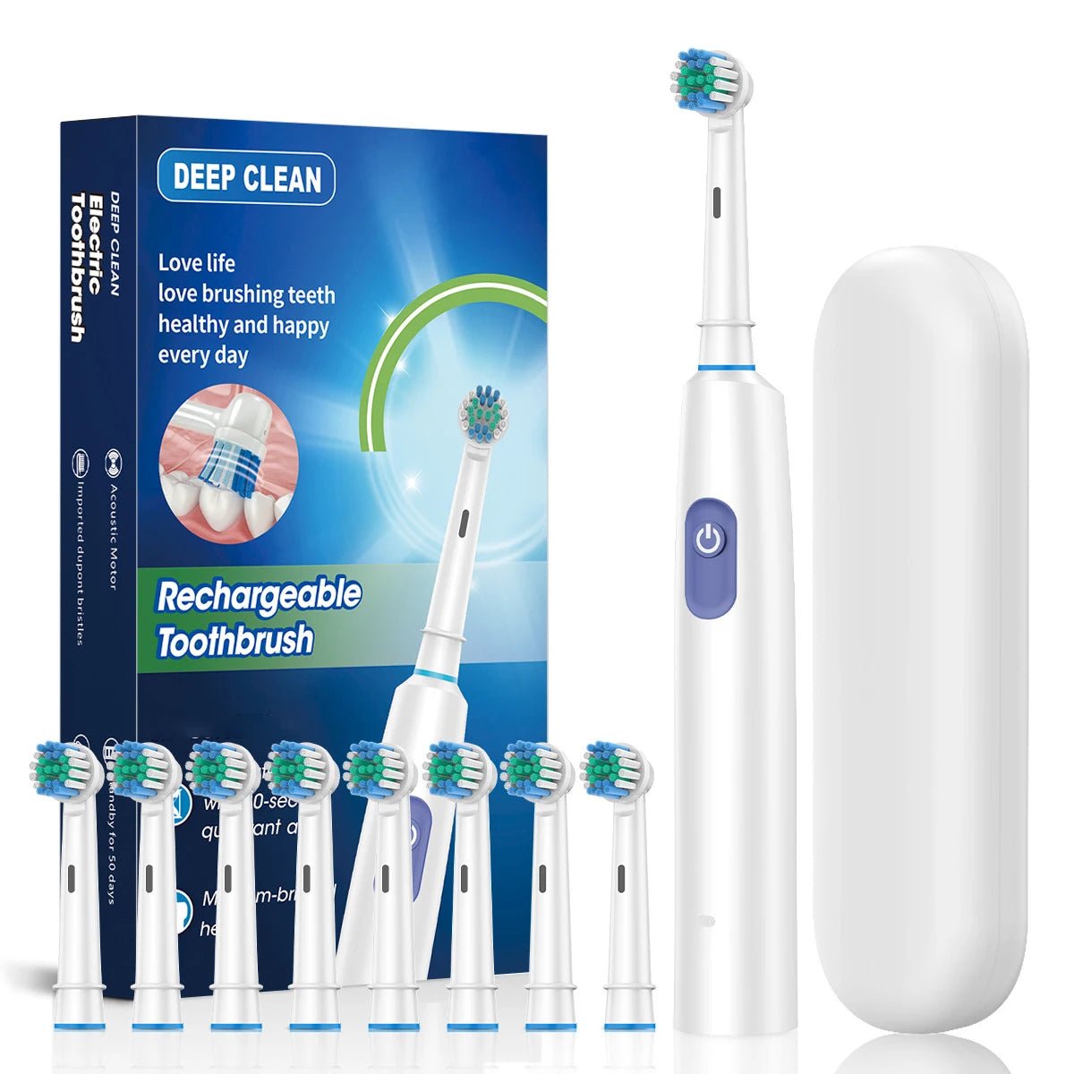 Personal Health Care - Oral Care Electric Toothbrush Rotary Brush - Waterproof - Rechargeable - 8 Heads White Colour + Case