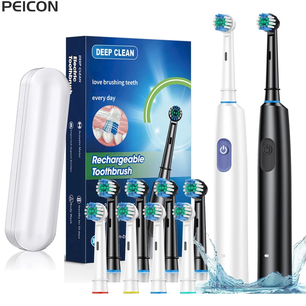 Personal Health Care Electric Toothbrush Rotary Rechargeable - 8 Soft Brush Heads White and Black Colour show  