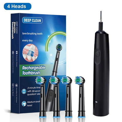 Personal Health Care Electric Toothbrush Rotary Rechargeable - 4 Soft Brush Heads Black Colour