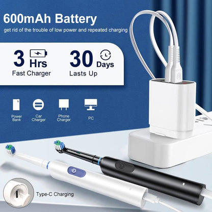 Personal Health Care Electric Toothbrush Rotary Rechargeable - 4 or 8 Soft Brush Heads Battery 600 mAh