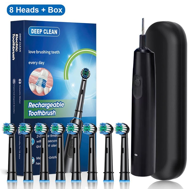 Personal Health Care Electric Toothbrush Rotary Rechargeable - 8 Soft Brush Heads Black Colour