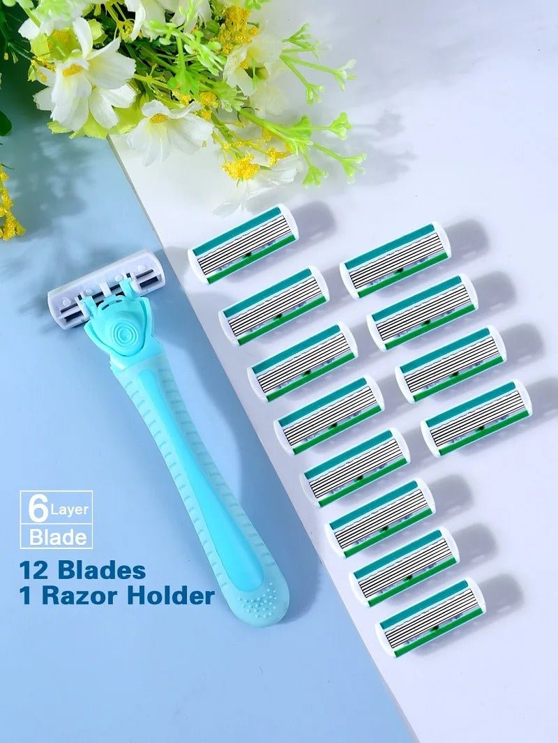 Personal Health Care Safety Razor Sustainable Manual - 6-Layer Stainless Steel - (1 Handle + 12 / 17 Blades/ Men /Women/Unisex)