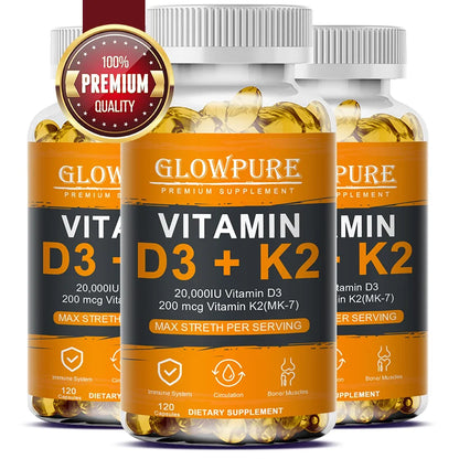 Personal Health Care Vitamin D3 K2 Capsule - 20,000 IU - Promotes Strong Bones, Teeth, Heart, and Cardiovascular Health