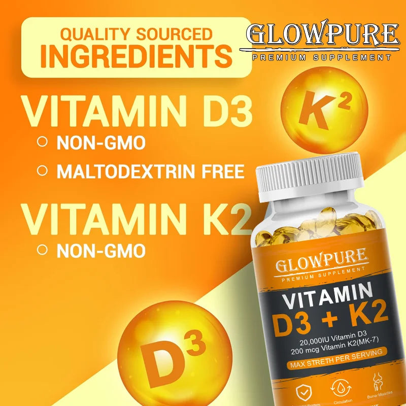 Personal Health Care Vitamin D3 K2 Capsule - 20,000 IU - Promotes Strong Bones, Teeth, Heart, and Cardiovascular Health