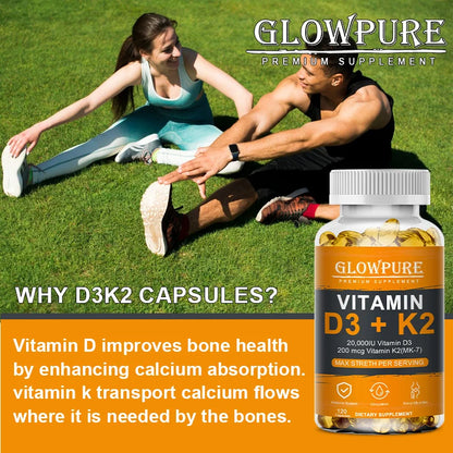 Personal Health Care Vitamin D3 K2 Capsule - 20,000 IU - Promotes Strong Bones, Teeth, Heart, and Cardiovascular Health