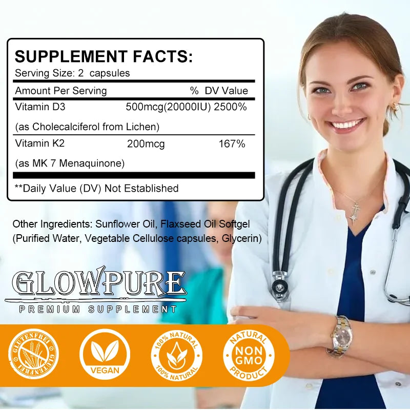 Personal Health Care Vitamin D3 K2 Capsule - 20,000 IU - Promotes Strong Bones, Teeth, Heart, and Cardiovascular Health
