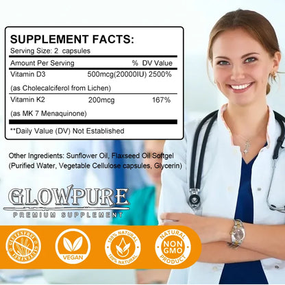 Personal Health Care Vitamin D3 K2 Capsule - 20,000 IU - Promotes Strong Bones, Teeth, Heart, and Cardiovascular Health