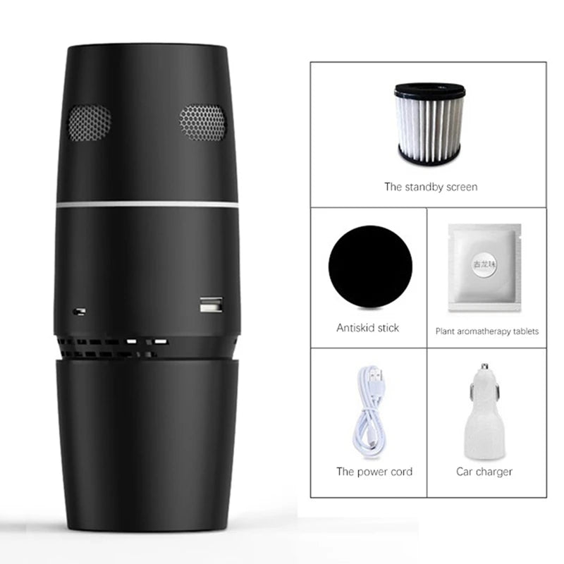 Wellness Air Purifier HEPA Filter Negative Ion Picture show black colour purifier and Equipments (usb cable, car plug recharger, standby screen, antiskid stick, plant aromatherapy tablets)