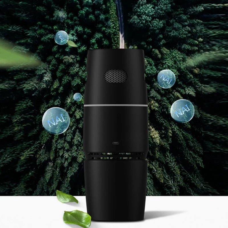 Wellness Air Purifier HEPA Filter Negative Ion Picture show black colour purifier offers behind tropical plants to let your imagination feel the freshness of the surrounding air.