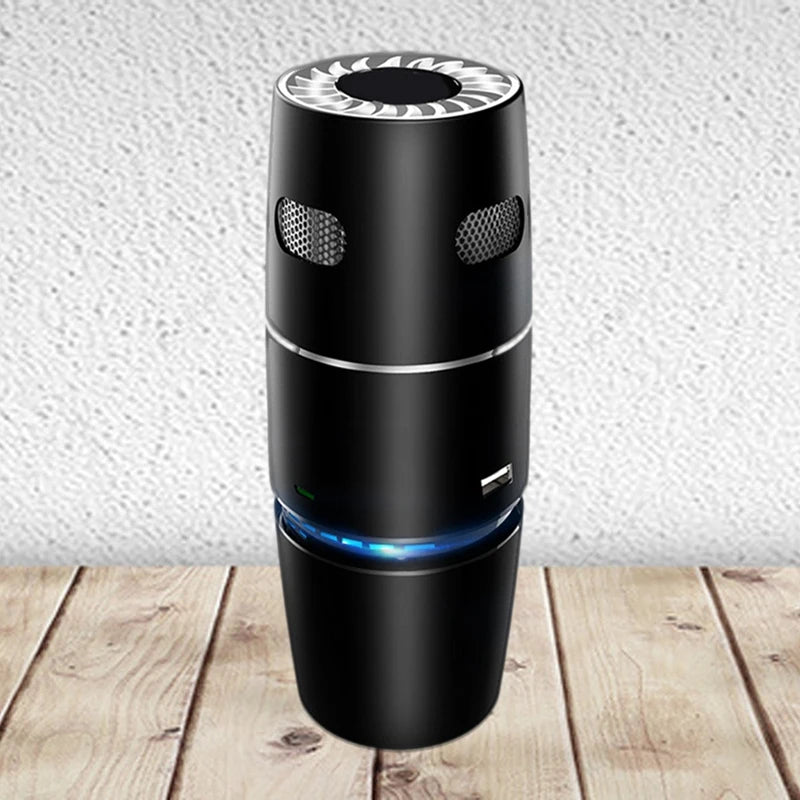 Wellness Air Purifier HEPA Filter Negative Ion Picture show black colour purifier offers placed on a wooden floor along a white-painted cement wall