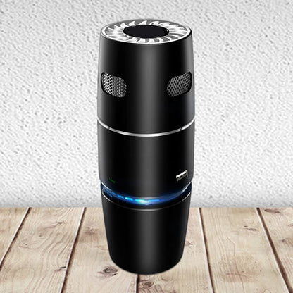 Wellness Air Purifier HEPA Filter Negative Ion Picture show black colour purifier offers placed on a wooden floor along a white-painted cement wall