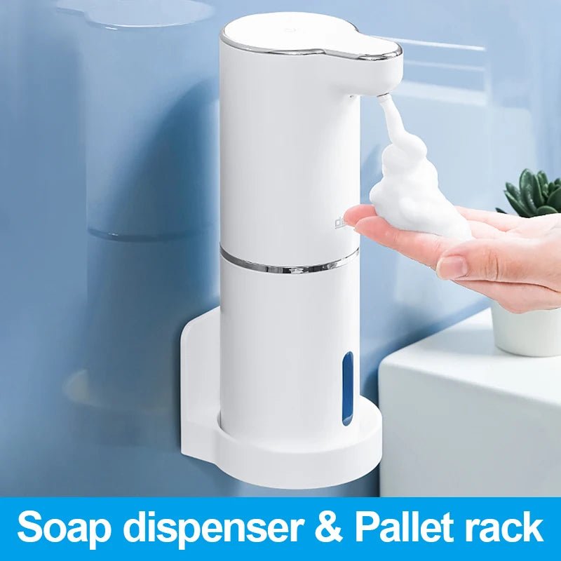 Wellness Automatic Foam Soap Dispensers White Colour offers Installed on a blue colour bathroom wall with pallet rack 