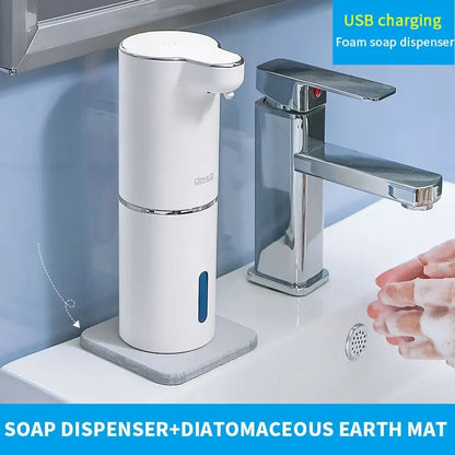 Wellness Automatic Foam Soap Dispensers White Colour offers place on a diatomaceous earth mat for USB recharging on the bathroom counter