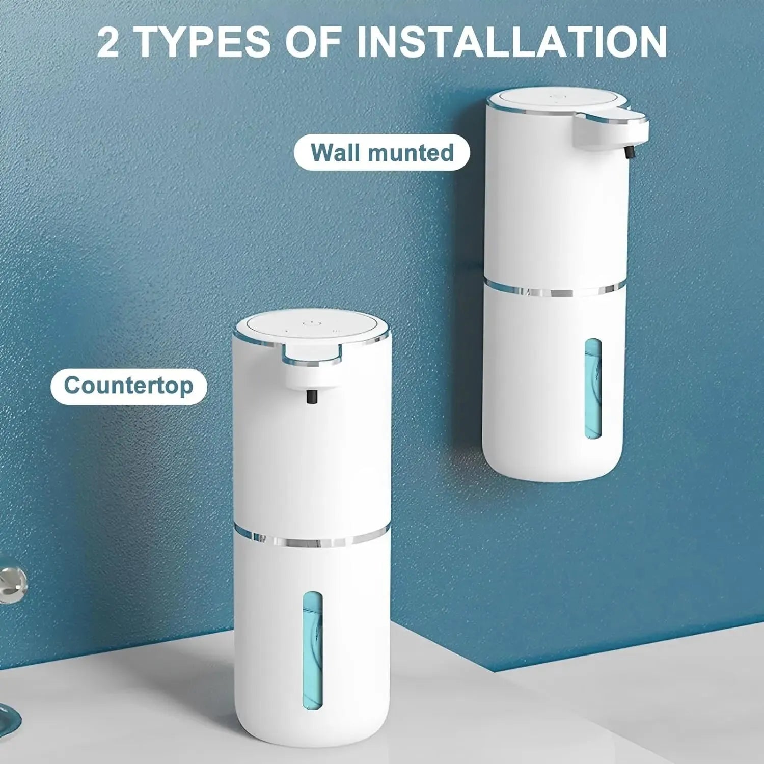 Wellness Automatic Touch Foaming Soap Dispenser 380 ml USB Rechargeable White colour offers, details of installation (wall Mounted or Counter top) shown on a white counter and blue colour wall