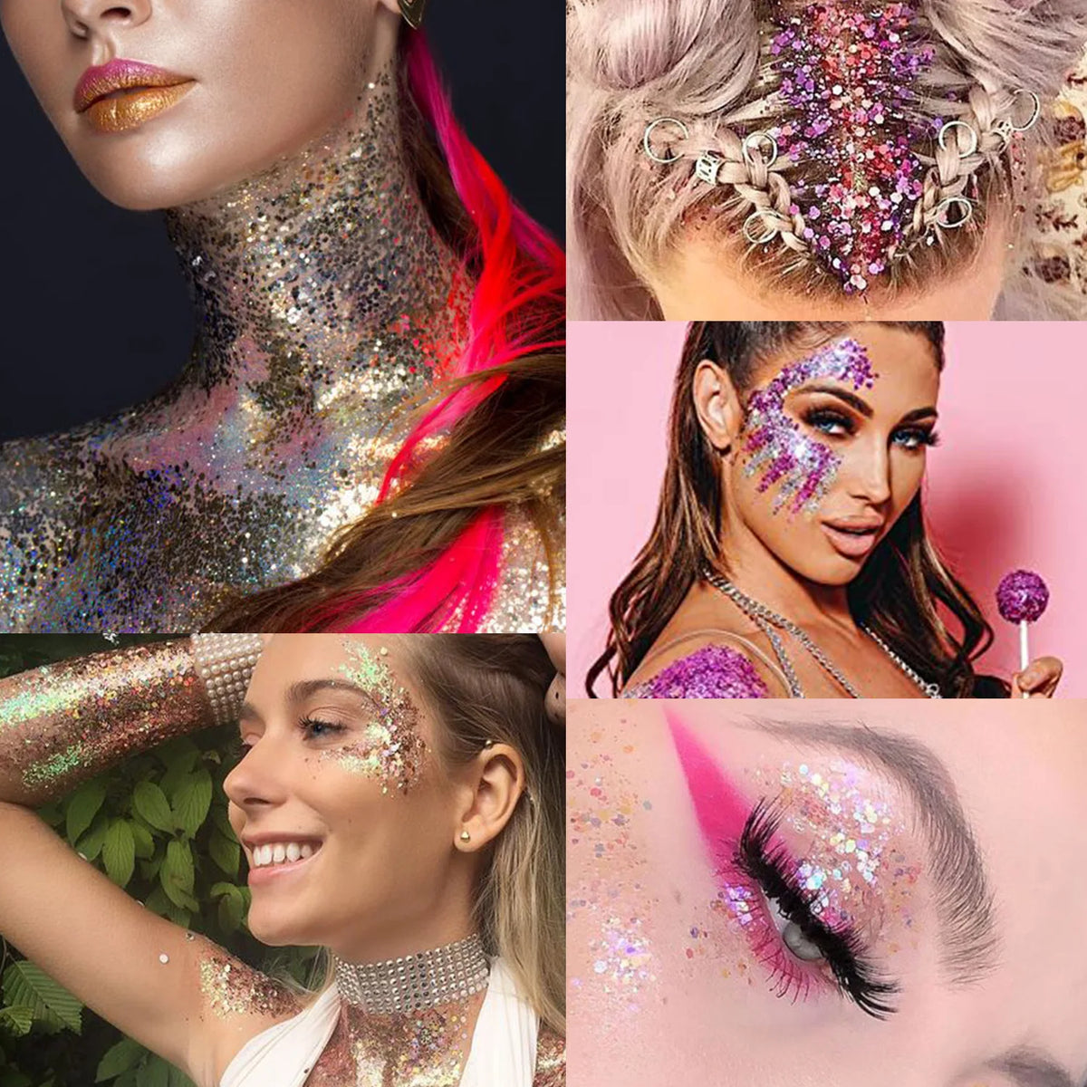 Wellness Chunky Glitter Eyeshadow Palette. Picture of 5 ways to put colour on the lady skin (Neck, face, backs, arm, eye)