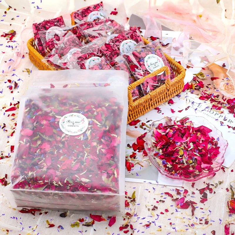 Wellness Dried Flower 100% Natural Petal Biodegradable Rose 100/200 g offers. Picture show a wicker basket filled with 10 small bags of flower petals to be given to wedding guests to throw at the bride and groom and the 100 gr bag offers