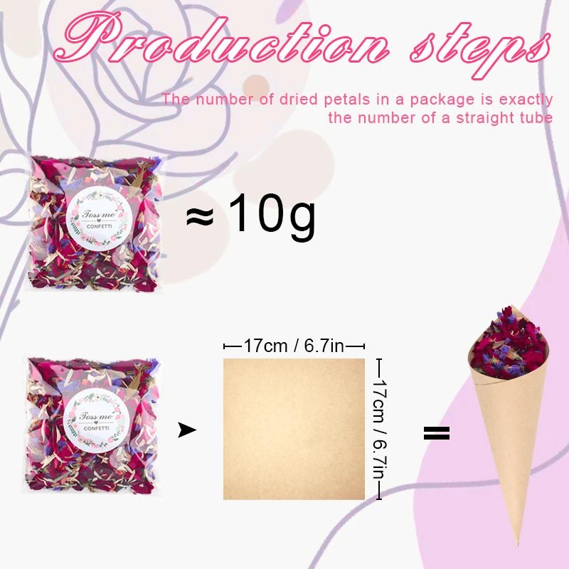 Wellness Dried Flower 100% Natural Petal Biodegradable Rose 100/200 g offers. Picture of one of the 10 grams bag flower petals, enough to fill a paper cone constructed according to the dimensions shown