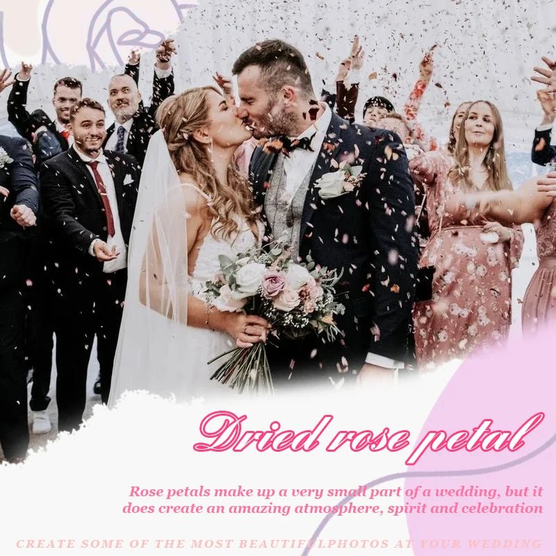 Wellness Dried Flower 100% Natural Petal Biodegradable Rose 100/200 g offers. Picture of a newlywed couple kissing while guests throw dried rose petals at them