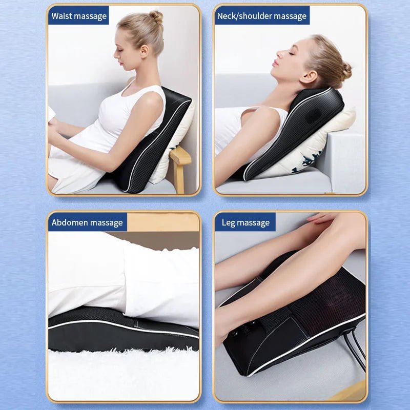Wellness Electric Shiatsu Head Neck Cervical Traction. 4 Pictures show woman body area where to apply the product. Waist, abdomen, leg, shoulder, and neck