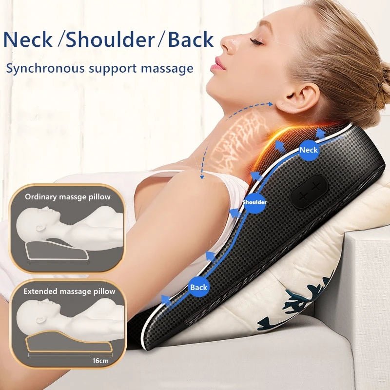Wellness Electric Shiatsu Head Neck Cervical Traction. Picture show a woman use the product for neck shoulder and back.
