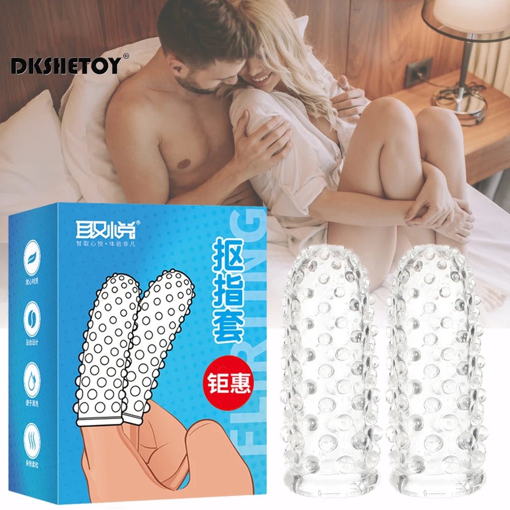 Wellness G Spot Finger Sleeve condoms Picture of the product and a couple. Blond Hair Colour woman enjoy