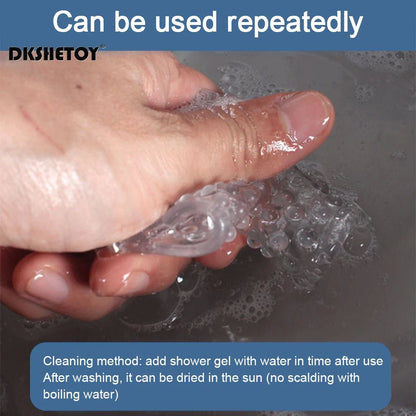 Wellness G Spot Finger Sleeve condoms Picture show a man cleaning a condom because it can be use repeatedly 