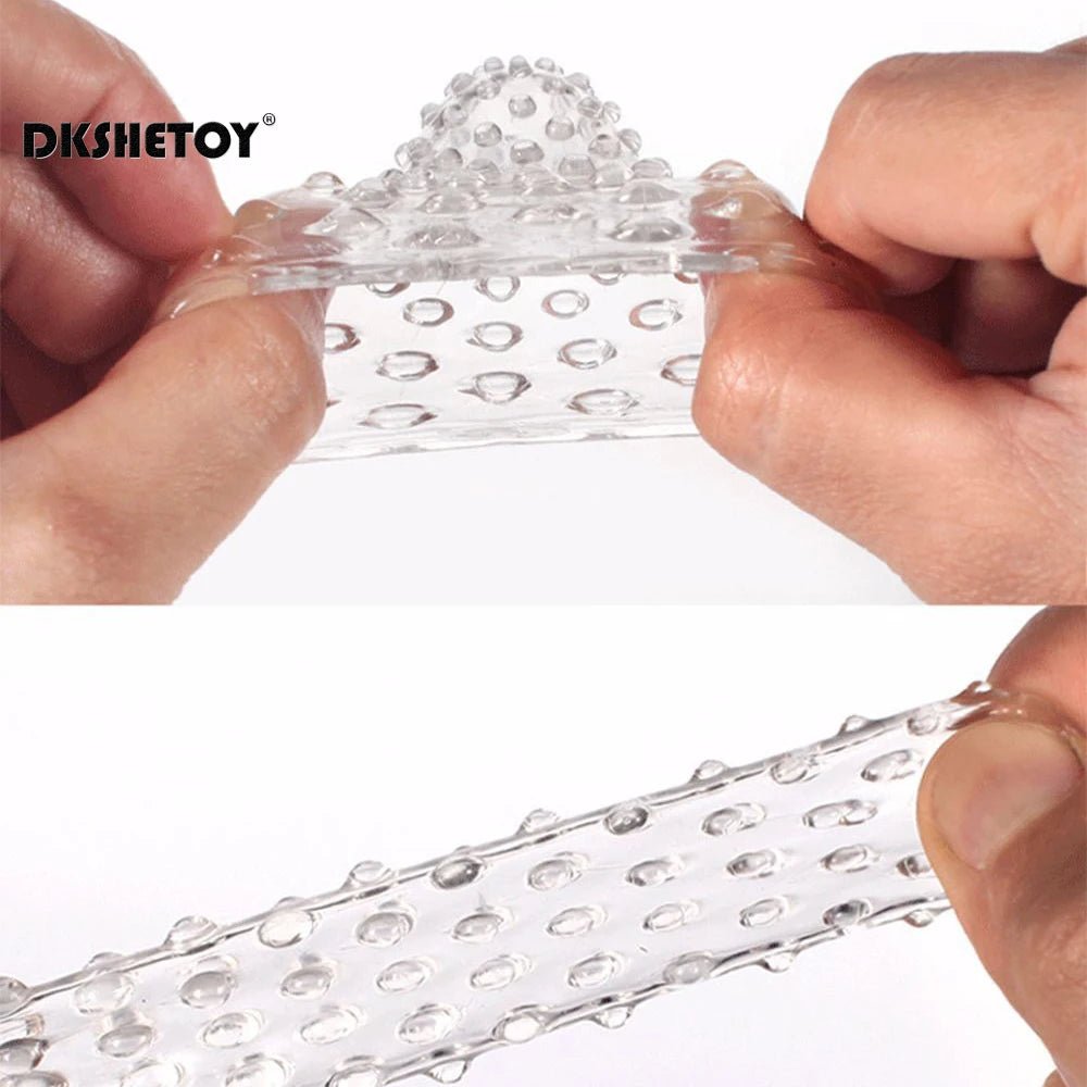 Wellness G Spot Finger Sleeve condoms To prove the elasticity of the condom, the photograph shows the condom being stretched by a man's fingers.